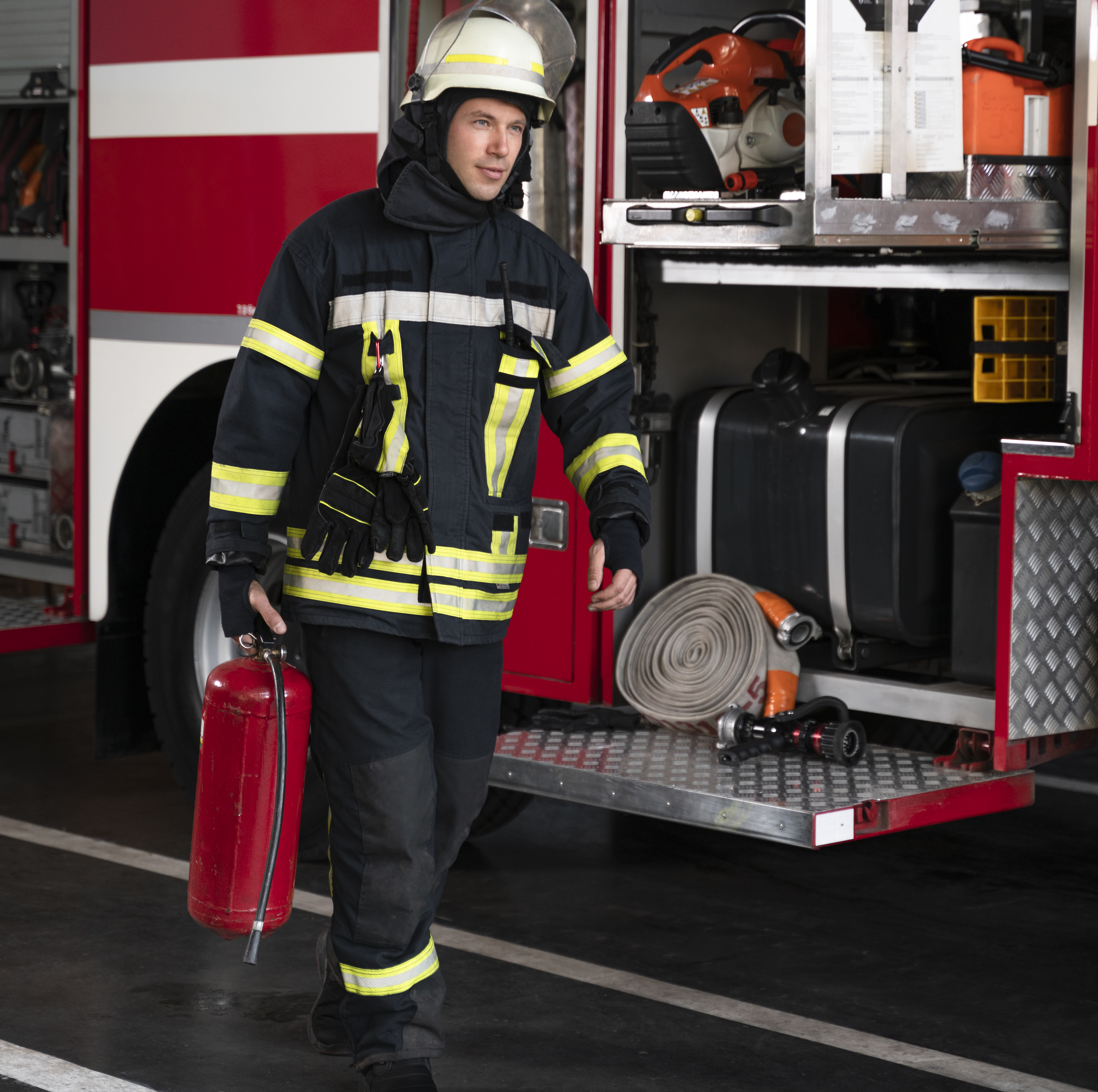 male firefighter station equipped with suit safety helmet (1)