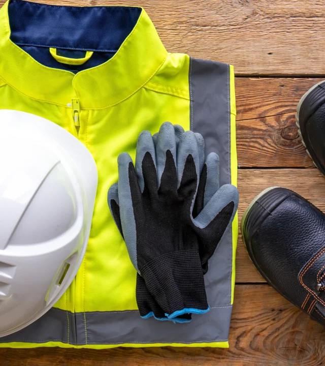 builder uniform wooden background flat lay